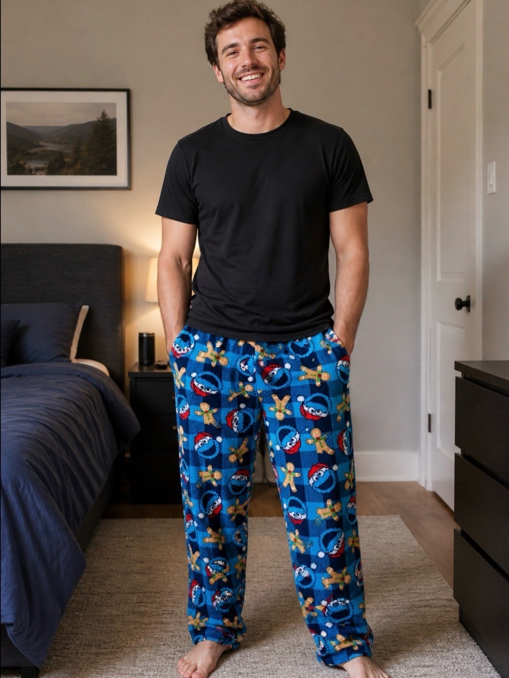 MEN’S COOKIE MONSTER GINGERBREAD FLEECE PAJAMA PANTS XL SESAME STREET LOUNGE